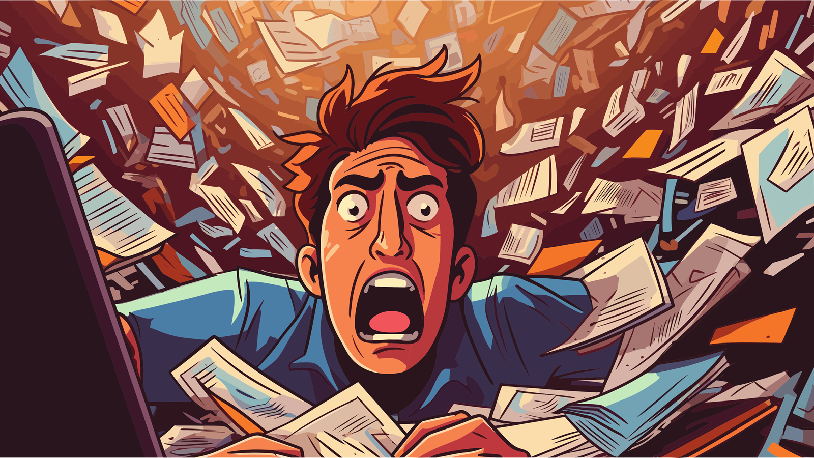 Dipendente sopraffatta che affoga nella burocrazia – simbolo del micromanagement e del sovraccarico di reporting nelle culture organizzative dominate dal controllo.