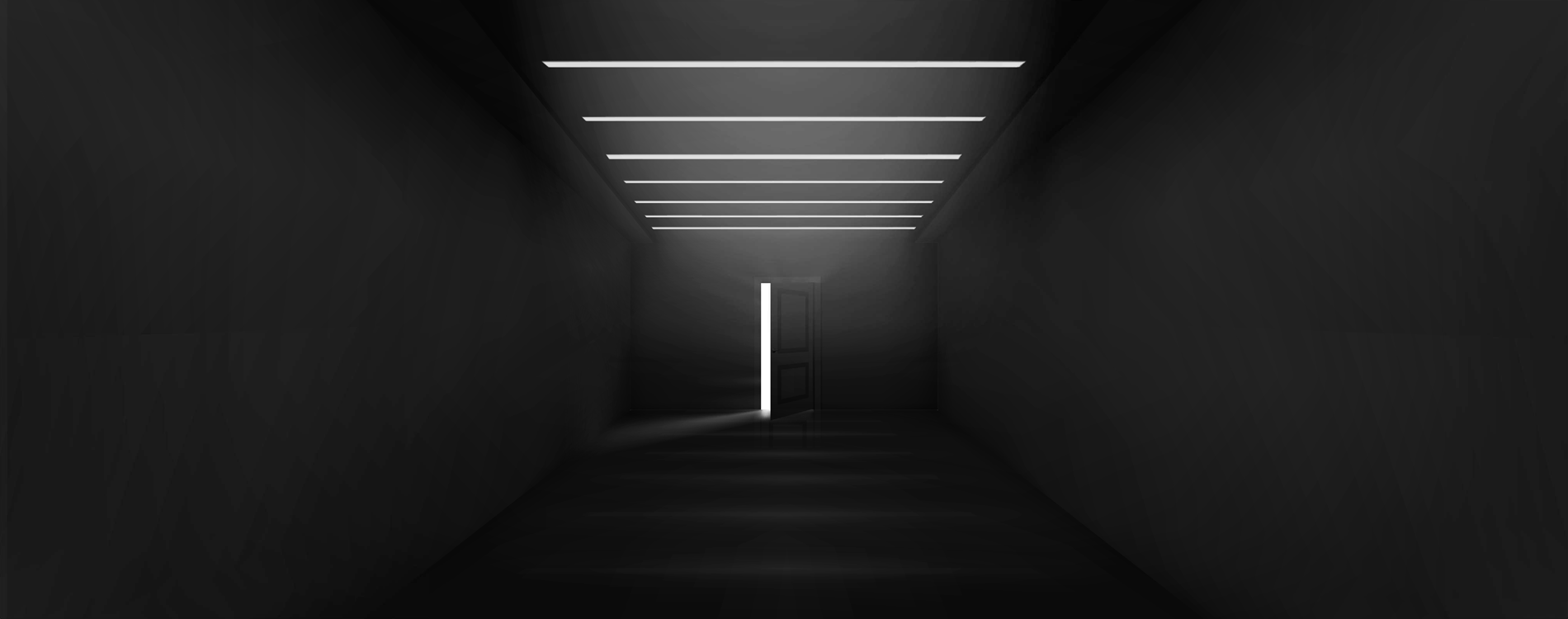 Corridoio scuro e minimalista con luci a soffitto disposte regolarmente che conducono a una porta parzialmente aperta da cui emana una luce intensa, a simboleggiare una soglia.