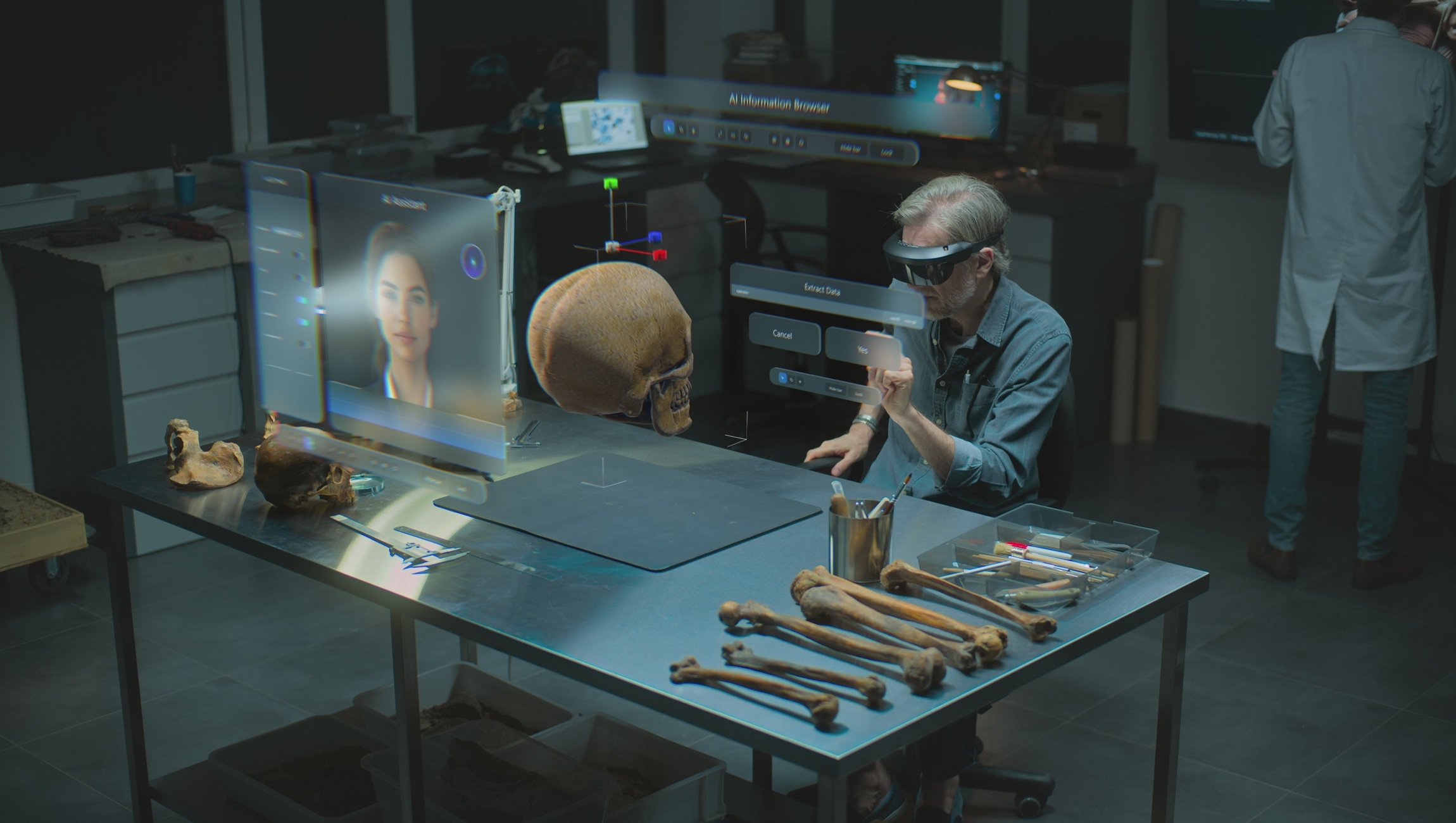 Ricercatori esaminano un artefatto digitale conservato in un laboratorio futuristico — simbolo dell’archeologia dei sistemi legacy nell’Enterprise IT.