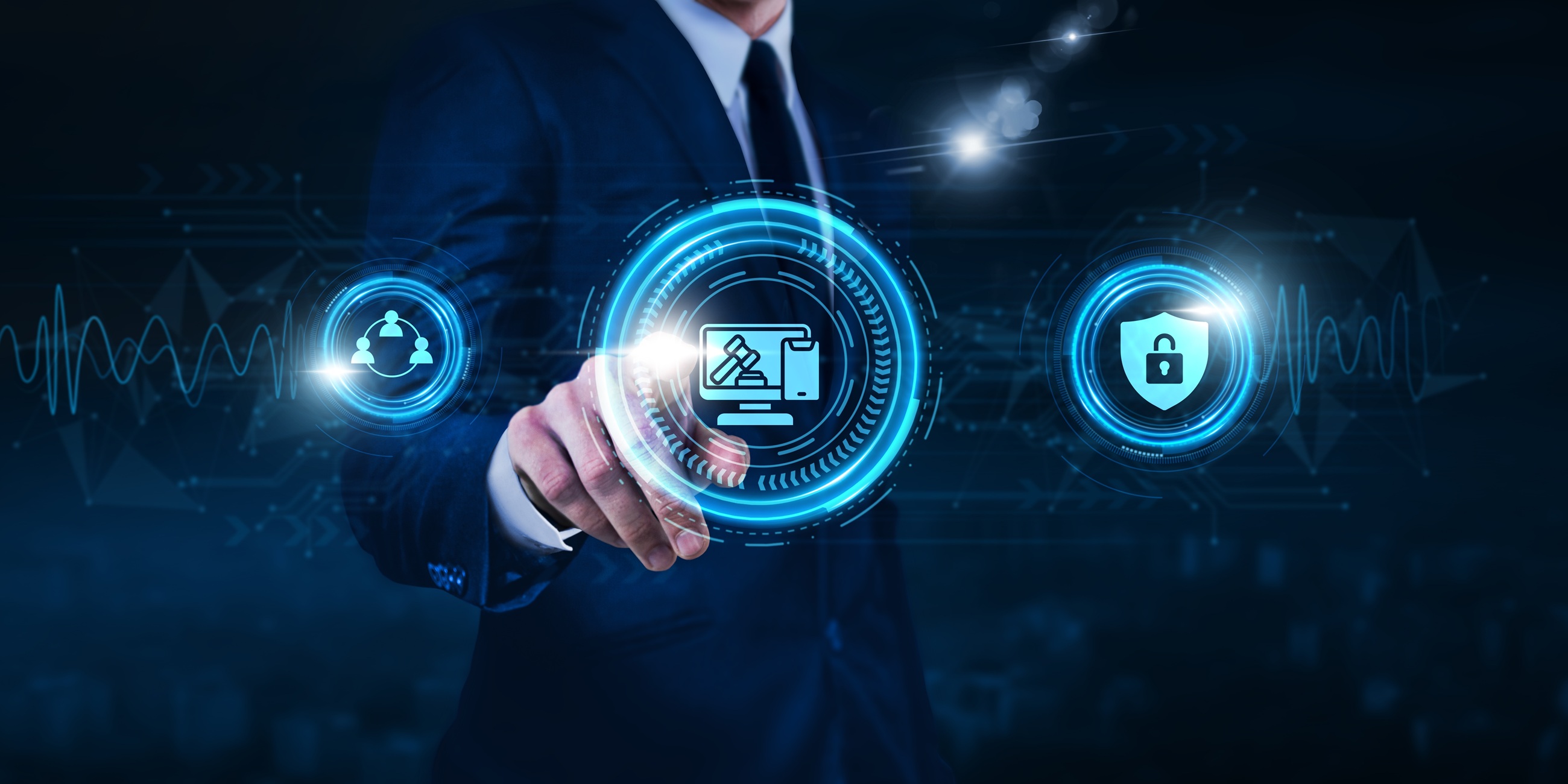 Un avvocato interagisce con un’infrastruttura digitale per processi giuridici che visualizza API, governance, compliance e sistemi legali sicuri.